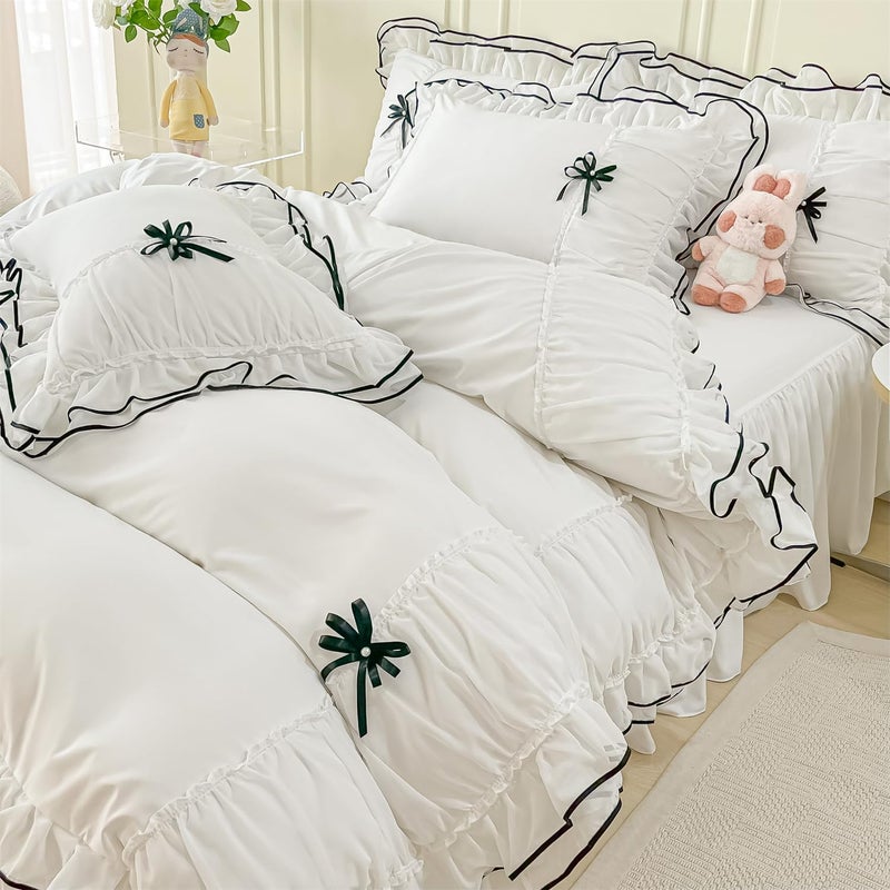 IHOUSTRIY IHOUSTRIY White Duvet Cover Queen Size Ruffle Beddding Set with Bowtie 3 Pieces Comforter Cover Set with Zipper Closure Girl Bedding with Pillowcase  Whte Queen