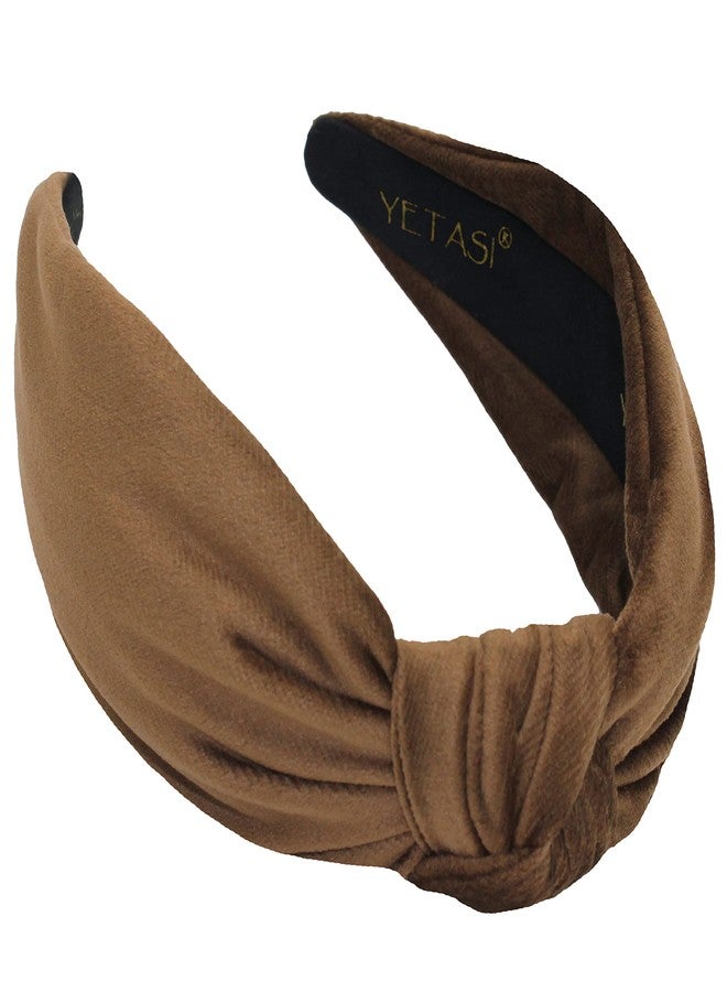 YETASI Women's Headbands: Brown Velvet Chic Knotted Top Knot, Trendy Fashion Designer Head Band - Image 1