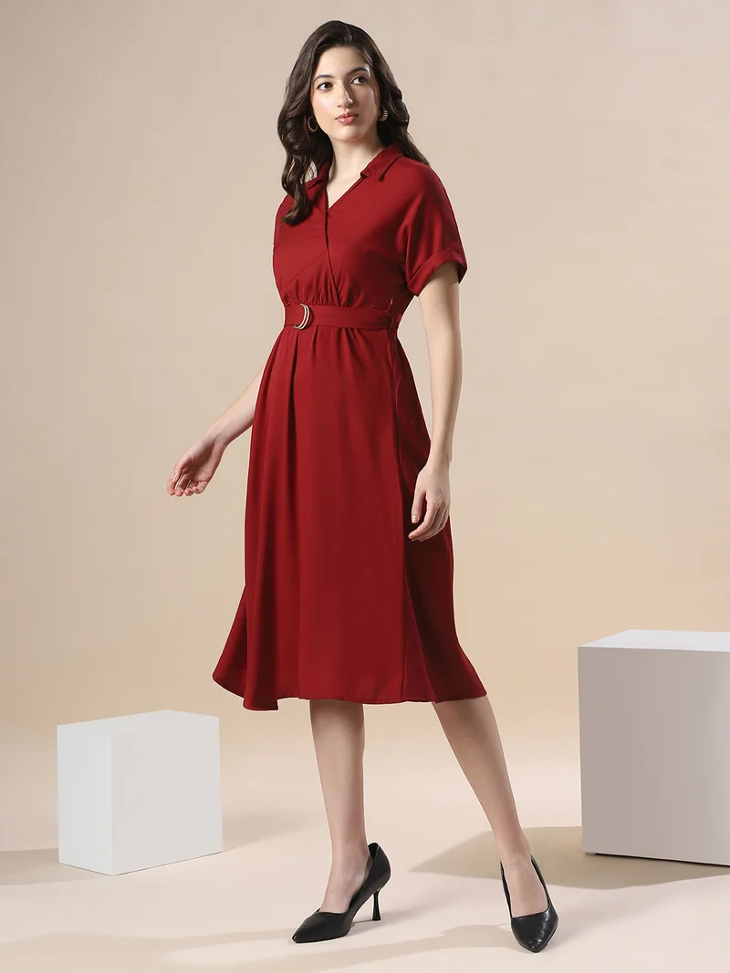 globus Globus Women Maroon V-Neck Extended Sleeve Belted Detail Fit & Flare Workwear Midi Dress