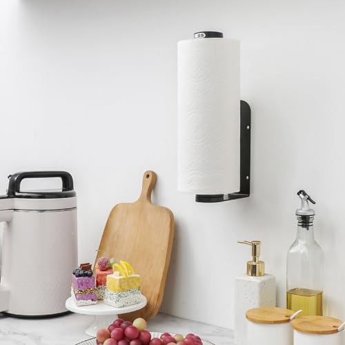 theaoo Under Cabinet Paper Towel Holder for Kitchen, Easy One-Handed Tear, Quick Release Knob for Easy Roll Loading, Wall-Mounted Dispenser, Self-Adhesive or Drill Mounting, Black Stainless Steel - Image 4