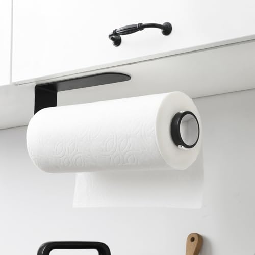 theaoo Under Cabinet Paper Towel Holder for Kitchen, Easy One-Handed Tear, Quick Release Knob for Easy Roll Loading, Wall-Mounted Dispenser, Self-Adhesive or Drill Mounting, Black Stainless Steel - Image 3