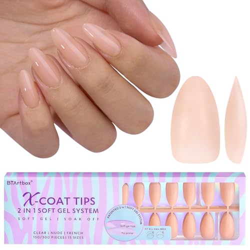 BTArtbox Almond Press On Nails  Soft Gel Nail Tips Medium XCOATTIPS Natural with Base Color Stronger Adhesion Nude Preshaped Ultra Fit Fake Nails for Women Gift