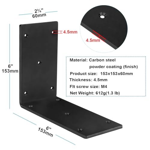 MOUNTAIN_ARK 4 Pack Black L Angle Bracket, 6" x 6" x 2-3/8" Heavy Duty Steel Corner Braces, 4x4 Post and Beam Connector for Wood, Pergolas, Furniture - Image 2