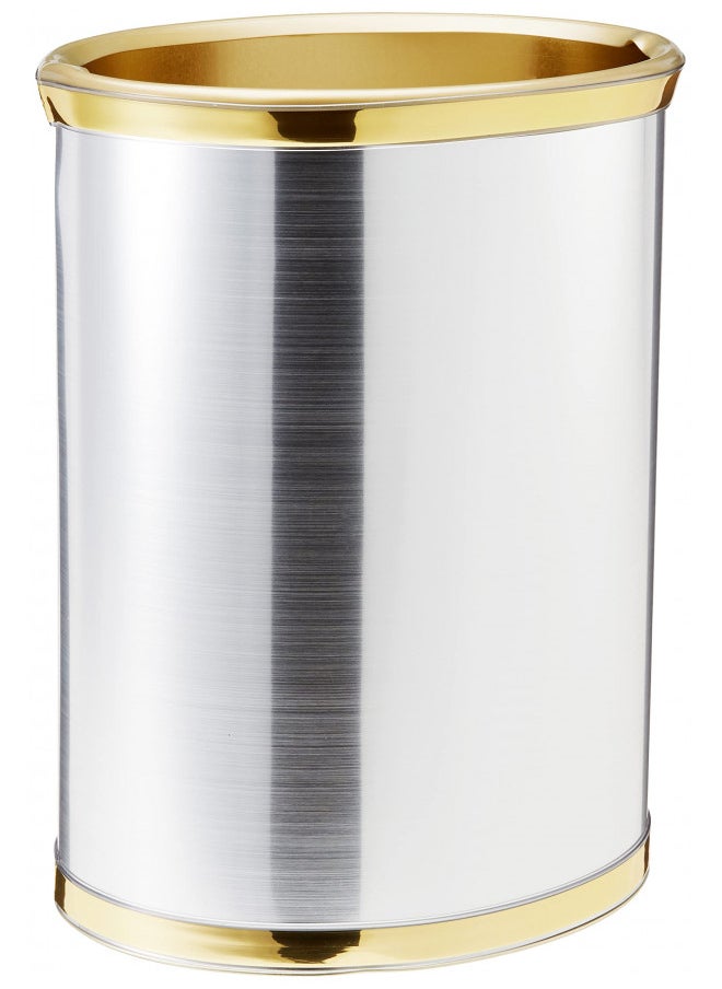 Kraftware Kraftware Mylar Brushed Chrome/Brass 13-Inch Oval Waste Basket with 3/4-Inch Brushed Brass and Gold Bumper  - Image 1