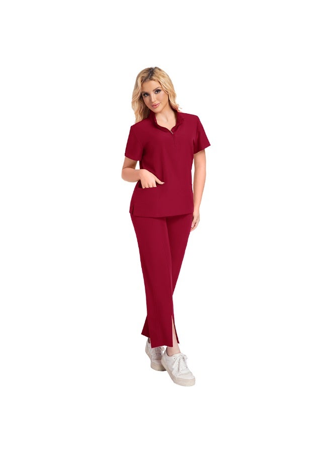 Loquat Womens Medical Scrubs Set Medical Uniform Set Wine Red - Image 1