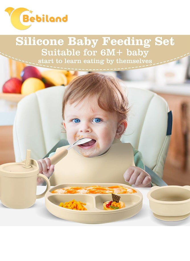 Bebiland 8-Piece Silicone Baby Feeding Set, Baby Led Weaning Supplies with Suction Bowl, Divided Plate, Spoons, Forks, Sippy Cup, Adjustable Bib, Eating Utensils for 6+ Months Toddler Infant (Beige)  - Image 2