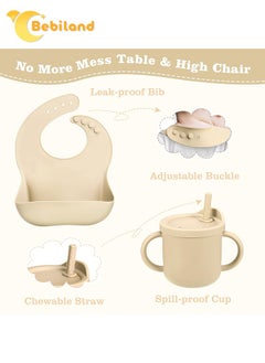 Bebiland 8-Piece Silicone Baby Feeding Set, Baby Led Weaning Supplies with Suction Bowl, Divided Plate, Spoons, Forks, Sippy Cup, Adjustable Bib, Eating Utensils for 6+ Months Toddler Infant (Beige)  - Image 5