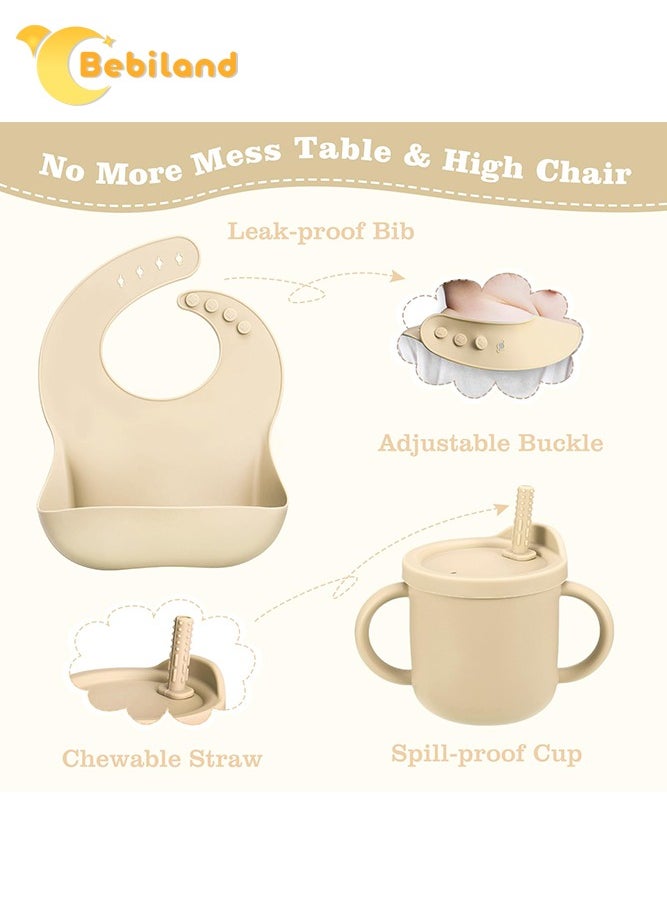 Bebiland 8-Piece Silicone Baby Feeding Set, Baby Led Weaning Supplies with Suction Bowl, Divided Plate, Spoons, Forks, Sippy Cup, Adjustable Bib, Eating Utensils for 6+ Months Toddler Infant (Beige)  - Image 5