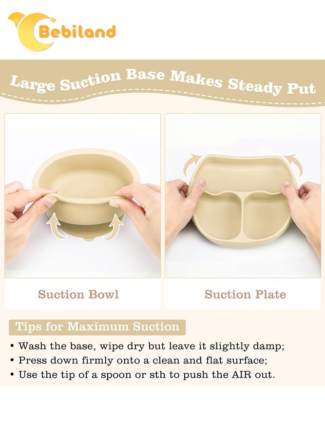 Bebiland 8-Piece Silicone Baby Feeding Set, Baby Led Weaning Supplies with Suction Bowl, Divided Plate, Spoons, Forks, Sippy Cup, Adjustable Bib, Eating Utensils for 6+ Months Toddler Infant (Beige)  - Image 4