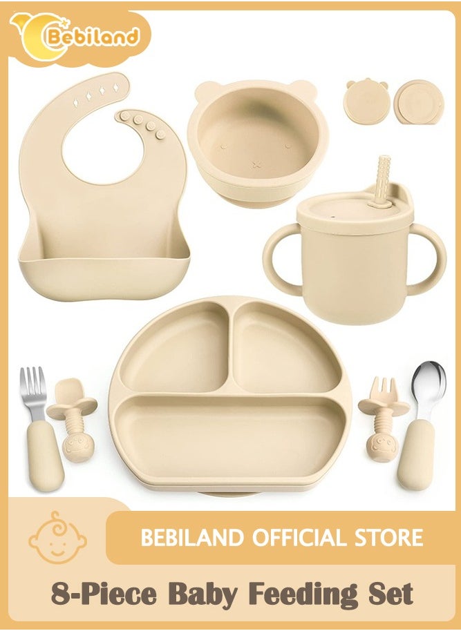 Bebiland 8-Piece Silicone Baby Feeding Set, Baby Led Weaning Supplies with Suction Bowl, Divided Plate, Spoons, Forks, Sippy Cup, Adjustable Bib, Eating Utensils for 6+ Months Toddler Infant (Beige)  - Image 1