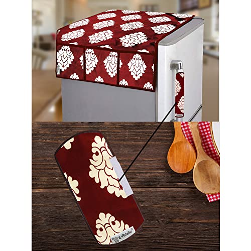E-Retailer® Polyester 3-Layered Fridge Top Cover/Refrigerator Cover With 6 Utility Pockets and 1 Pc. Handle Cover (Color-Maroon, Size-39x21 Inches) - Image 1