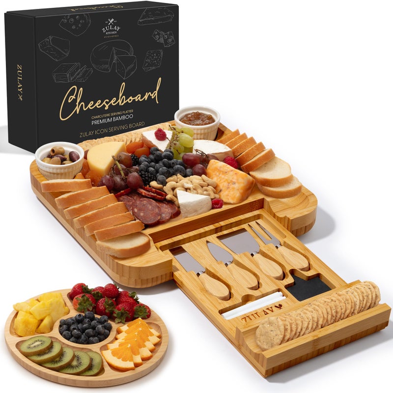 Zulay Kitchen ZK Bamboo Cheese Board with Cutlery, Drawer, and Ceramic Bowls, Small Size - Icon - Image 1