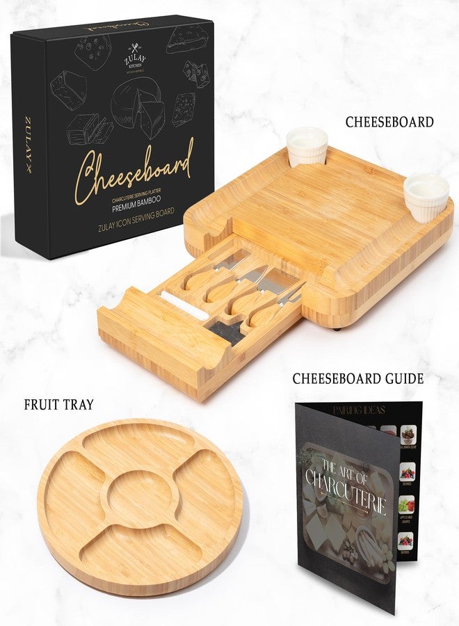 Zulay Kitchen ZK Bamboo Cheese Board with Cutlery, Drawer, and Ceramic Bowls, Small Size - Icon - Image 3