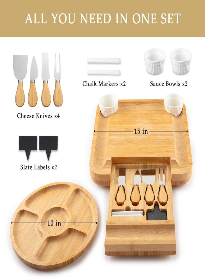 Zulay Kitchen ZK Bamboo Cheese Board with Cutlery, Drawer, and Ceramic Bowls, Small Size - Icon - Image 2