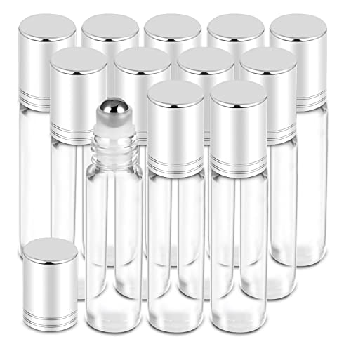 PrettyCare Set of 12 10 ml Essential Oil Roller Bottles with Stainless Steel Roller Ball Refillable Leakproof Empty Thick Clear Glass Roll on Bottles with Silver Metal Caps for Travel Perfume