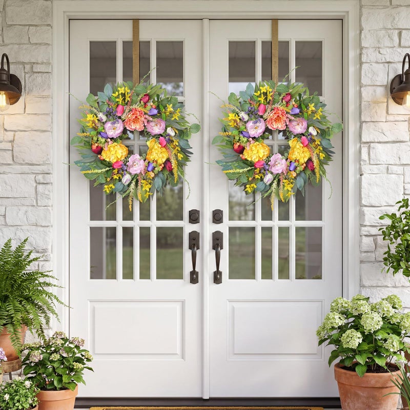 Chrisxiao 24 Inch Spring Wreath for Front Door, Artificial Eucalyptus Wreaths with Peony, Tulip & Eucalyptus Leaves,Summer Wreath for Home Farmhouse, Outdoor, Porch, Wall Window Decor All Year Round - Image 5