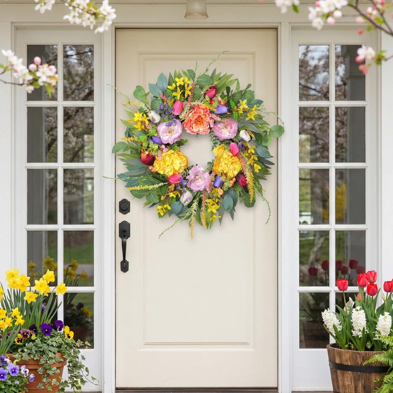 Chrisxiao 24 Inch Spring Wreath for Front Door, Artificial Eucalyptus Wreaths with Peony, Tulip & Eucalyptus Leaves,Summer Wreath for Home Farmhouse, Outdoor, Porch, Wall Window Decor All Year Round - Image 3