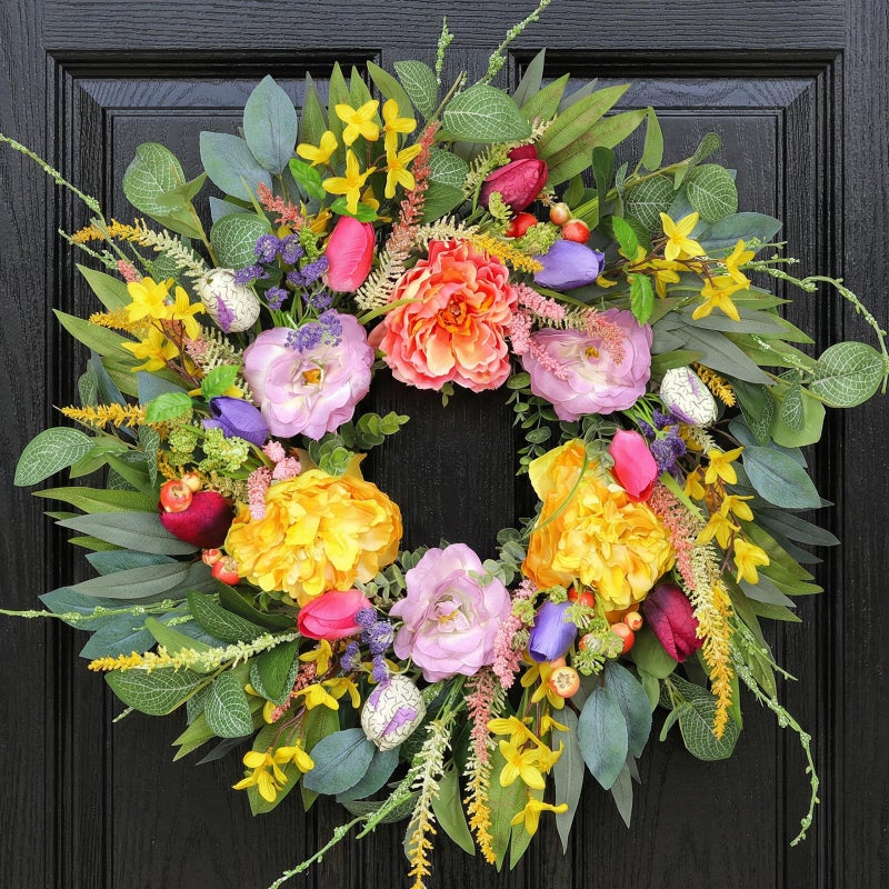 Chrisxiao 24 Inch Spring Wreath for Front Door, Artificial Eucalyptus Wreaths with Peony, Tulip & Eucalyptus Leaves,Summer Wreath for Home Farmhouse, Outdoor, Porch, Wall Window Decor All Year Round - Image 1