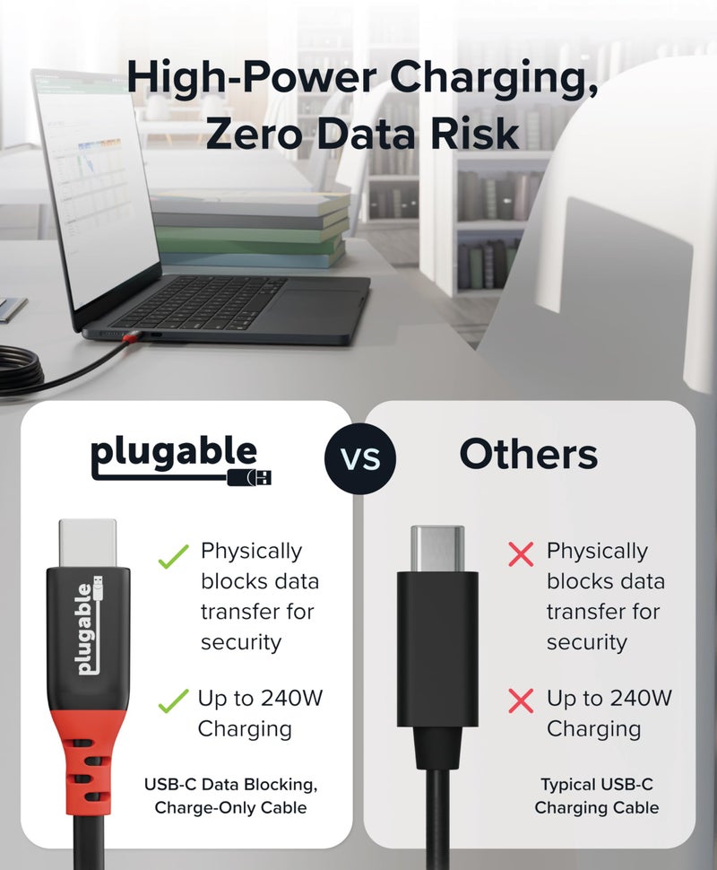 Plugable كابل USB C إلى USB C من Plugable، كابل شحن فقط مع حظر البيانات (2م/6.6قدم): شحن سريع وآمن بقوة 240 واط لجهاز MacBook، iPhone 15/16، iPad، Galaxy S24، XPS وأجهزة USBC أخرى (USBC-CC2M) - Image 5