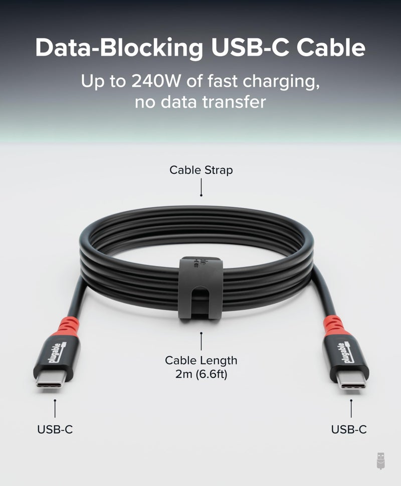 Plugable كابل USB C إلى USB C من Plugable، كابل شحن فقط مع حظر البيانات (2م/6.6قدم): شحن سريع وآمن بقوة 240 واط لجهاز MacBook، iPhone 15/16، iPad، Galaxy S24، XPS وأجهزة USBC أخرى (USBC-CC2M) - Image 2