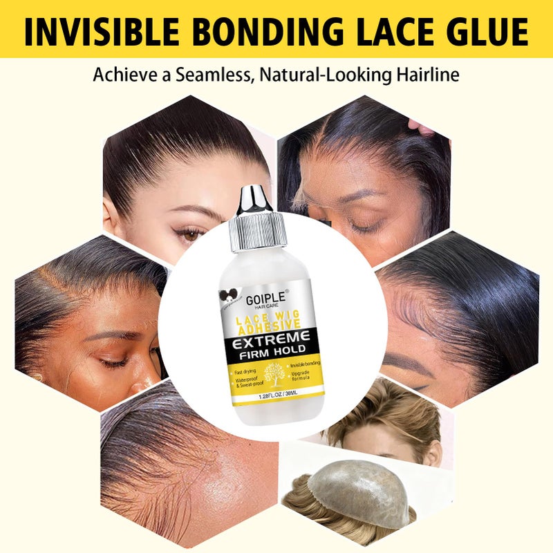 Goiple Wig Glue for Lace Front Wigs, Waterproof Lace Front Wig Adhesive & Silicone Applicator for Wigs, Strong Hold Transparent Lace Glue Edge Band for Hair Replacement Invisible Hair Bonding Adhesive(4PCS) - Image 4