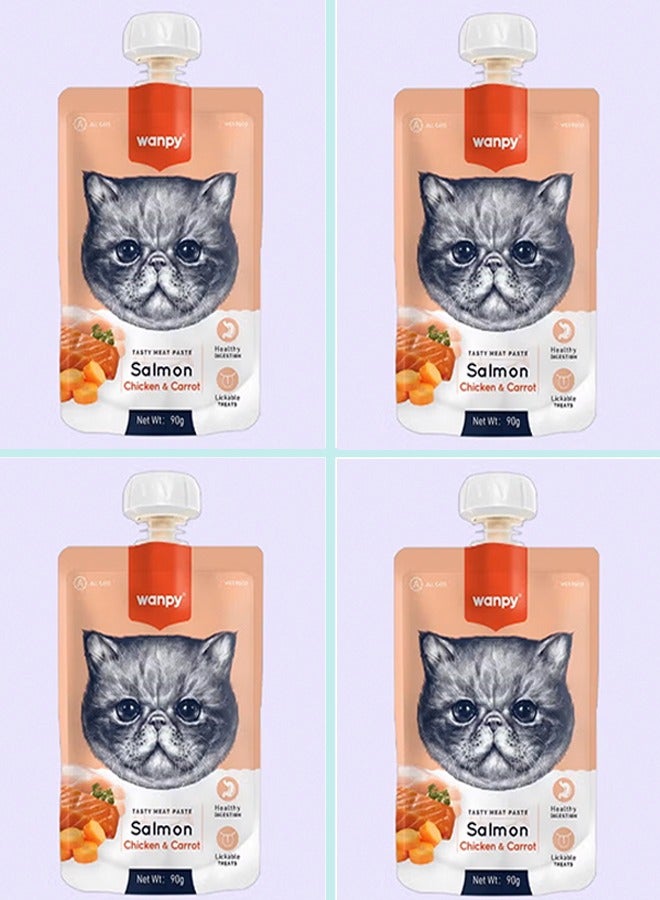 Wanpy Tasty Meat Paste with salmon, chicken flavors, and carrot, a lickable cat treat -4 Pouches, each Pouch size 90g