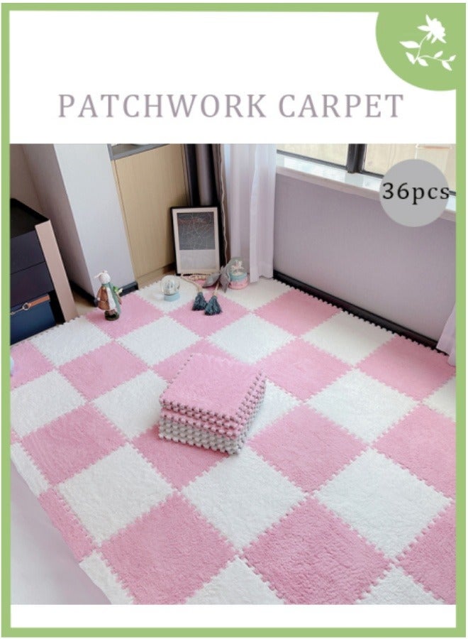 36PCS Plush Puzzle White + Pink Foam Floor Mat for Kids- Thick Interlocking Fluffy Tiles with Border Square Rug Split Joint Soft Climbing Carpet Mats Area Rug for Room Floor - Image 1