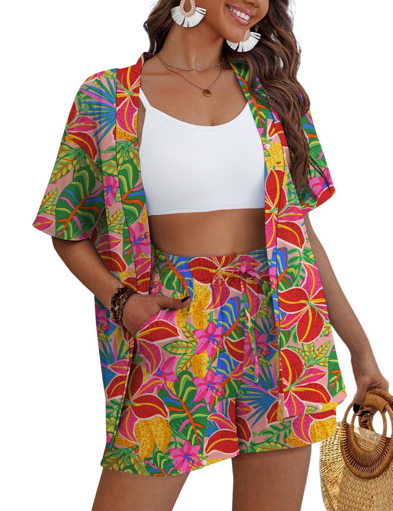 REDHOTYPE Women's Vacation Outfits Cover Ups Tropical Print Shorts Set Kimono Style Summer Beachwear,Flower,Large - Image 1