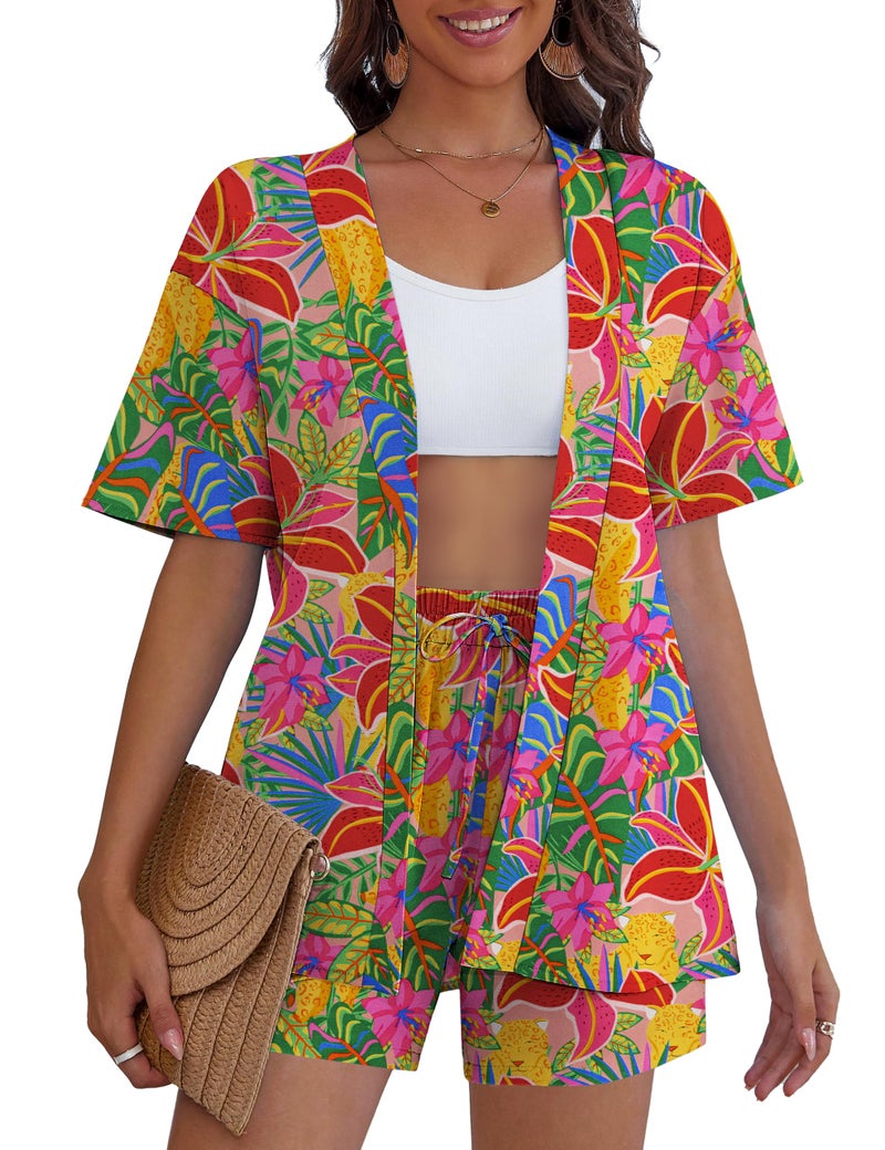 REDHOTYPE Women's Vacation Outfits Cover Ups Tropical Print Shorts Set Kimono Style Summer Beachwear,Flower,Large - Image 2