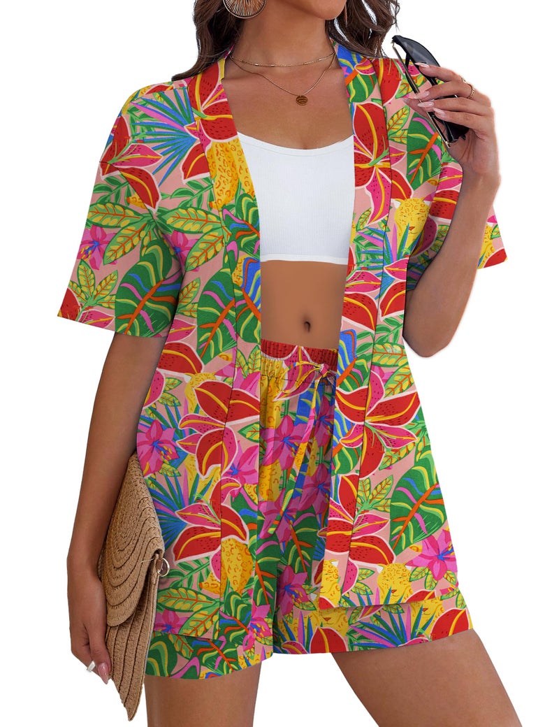 REDHOTYPE Women's Vacation Outfits Cover Ups Tropical Print Shorts Set Kimono Style Summer Beachwear,Flower,Large - Image 3