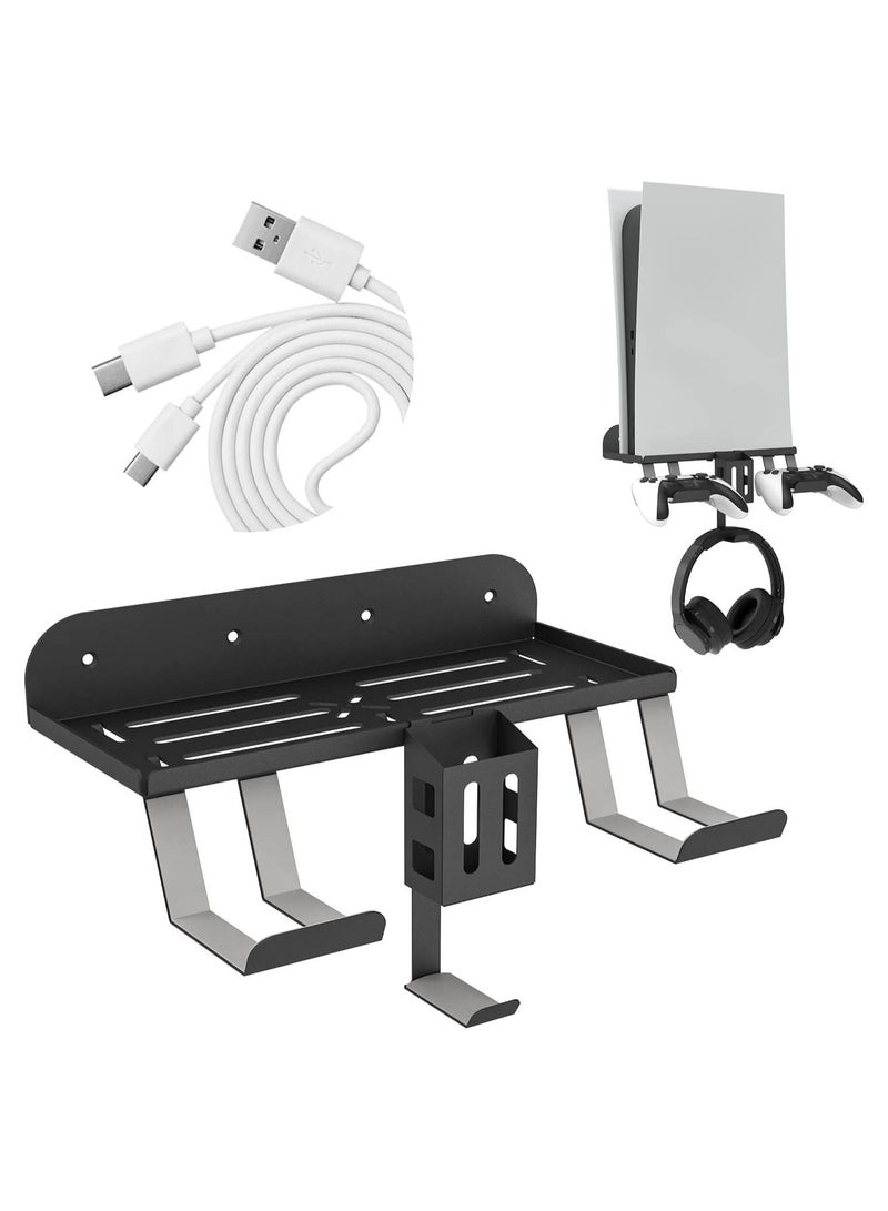 PS Black 6-in-1 Wall Mount Kit with Charging Cable for PS5 (Disc & Digital) Metal Wall Stand with 2 Detachable Controller Hanging Bracket / Remote Box / Headset Hanger with Non-Slip Mat - Image 1