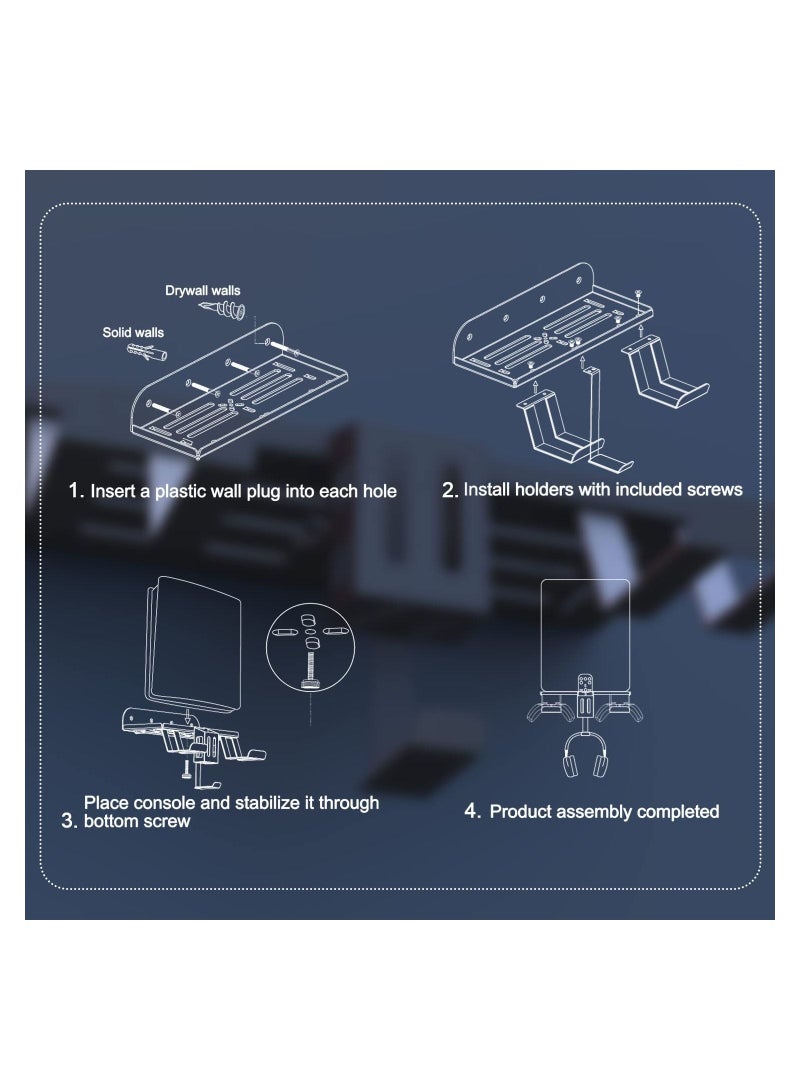 PS Black 6-in-1 Wall Mount Kit with Charging Cable for PS5 (Disc & Digital) Metal Wall Stand with 2 Detachable Controller Hanging Bracket / Remote Box / Headset Hanger with Non-Slip Mat - Image 2