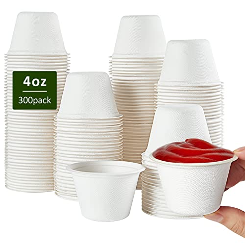 Vplus 300 Pack 4 OZ Disposable Souffle Cups 100 Compostable Portion Cups Made From Bagasse Fibe Perfect For Dips Food Sample Jams Honey Sauces Nuts