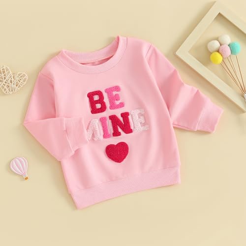 Lucikamy Toddler Baby Girl Boy Valentines Day Outfit Long Sleeve Letter Print Sweatshirt Shirt Infant Spring Clothes (Pink Embroidery, 12-18 Months) - Image 3