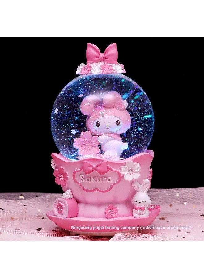 Cherry Blossom Rabbit Music Box Rotating Crystal Ball Music Box Princess Children Girls Tenth Birthday Gift-Color:5197 Sakura Rabbit Medium Hand Crank Squinting 【hand Cranked Snow + Lamp + Music】 - Image 2