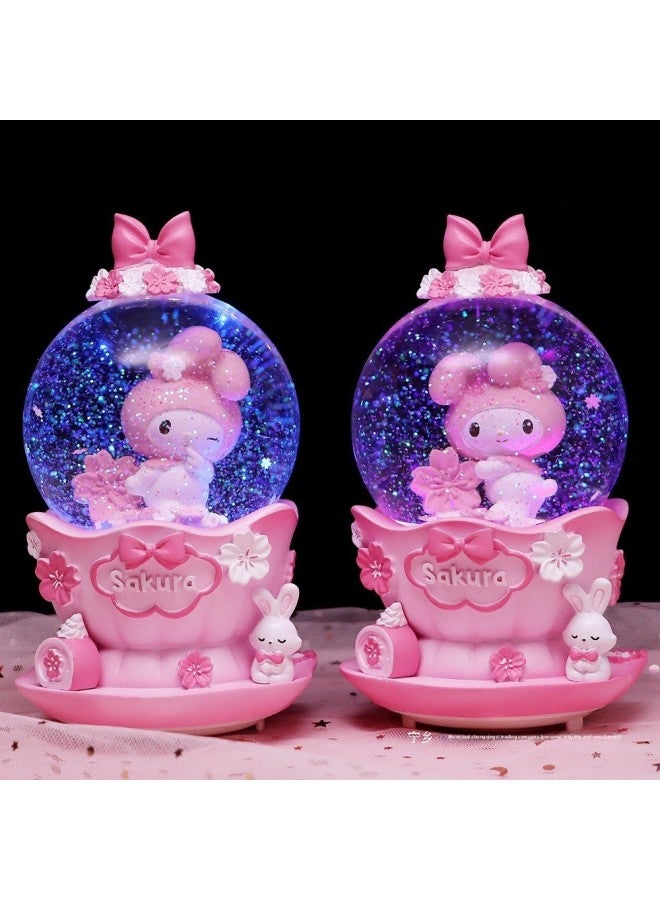 Cherry Blossom Rabbit Music Box Rotating Crystal Ball Music Box Princess Children Girls Tenth Birthday Gift-Color:5197 Sakura Rabbit Medium Hand Crank Squinting 【hand Cranked Snow + Lamp + Music】 - Image 4