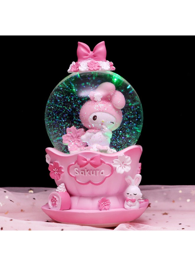 Cherry Blossom Rabbit Music Box Rotating Crystal Ball Music Box Princess Children Girls Tenth Birthday Gift-Color:5197 Sakura Rabbit Medium Hand Crank Squinting 【hand Cranked Snow + Lamp + Music】 - Image 1