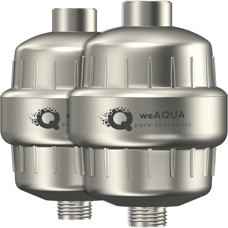 WEAQUA فلتر دش ثقيل من WeAQUA للعائلة، عبوة مزدوجة – إزالة 99% من عسر الماء والكلور والفلورايد والمعادن الثقيلة والكائنات الدقيقة والمواد العضوية وغيرها (نيكل مصقول) - Image 1