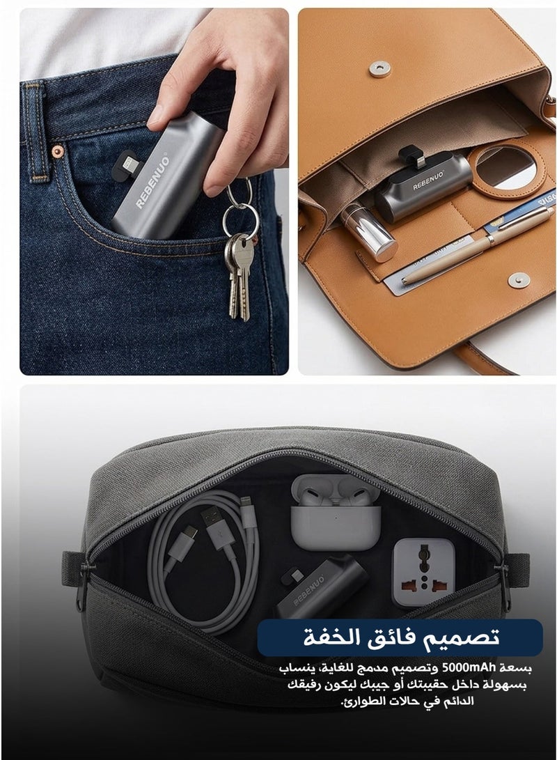 ريبنيو شاحن محمول بسعة 5000 مللي أمبير – تصميم صغير الحجم وخفيف الوزن مع توصيل مباشر مدمج، يدعم الشحن السريع وحامل مدمج، متوافق مع الهواتف الذكية والأجهزة اللوحية وسماعات الأذن - Image 2