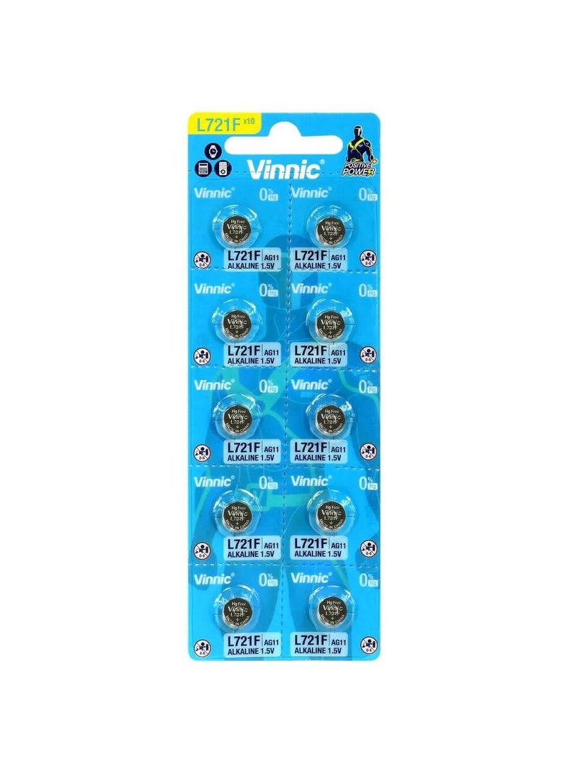 10-Pieces Vinnic AG11 (L721F) Alkaline 0%Hg 1.5V Batteries