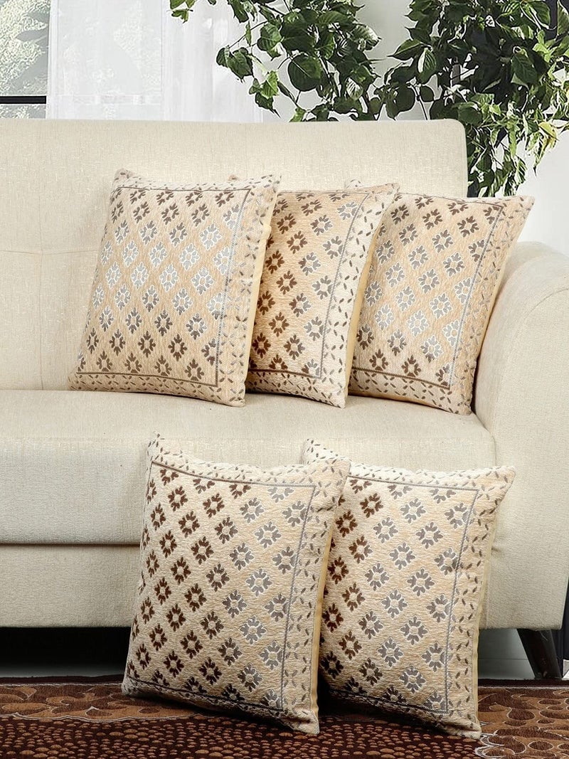 LOOMLYFE Jacquard Geomteric Cushion Covers 16 Inch X 16 Inch Set Of 5 Ethnic Motifs 240 TC Cushion Covers,Design- Diamond,Color- Beige - Image 1
