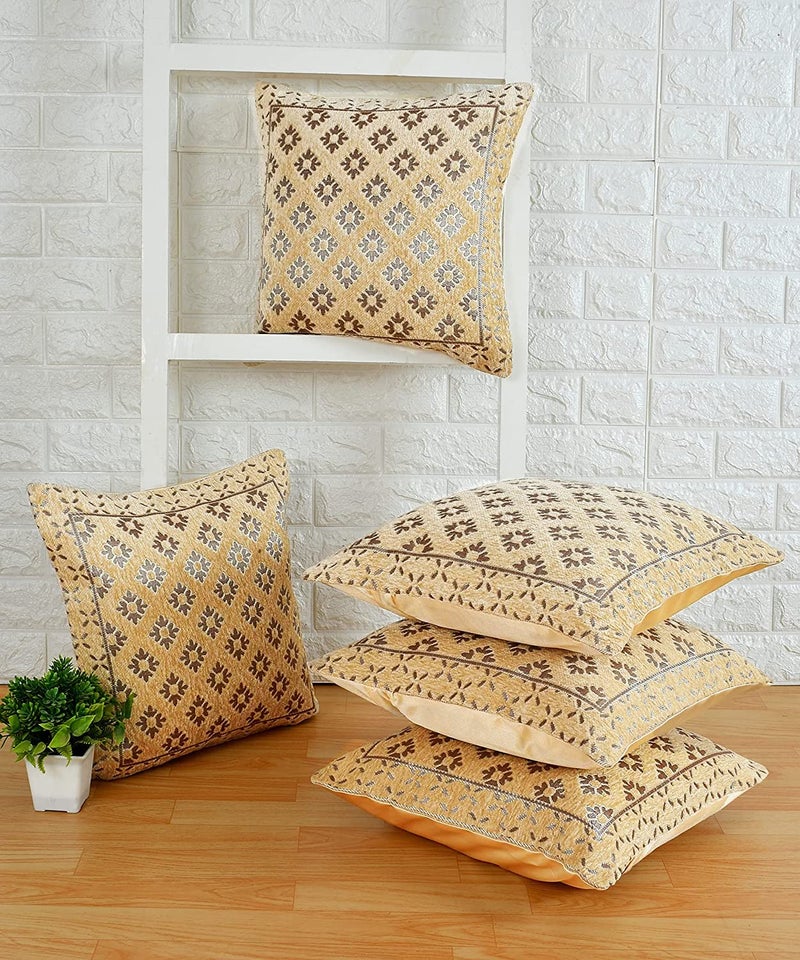 LOOMLYFE Jacquard Geomteric Cushion Covers 16 Inch X 16 Inch Set Of 5 Ethnic Motifs 240 TC Cushion Covers,Design- Diamond,Color- Beige - Image 2