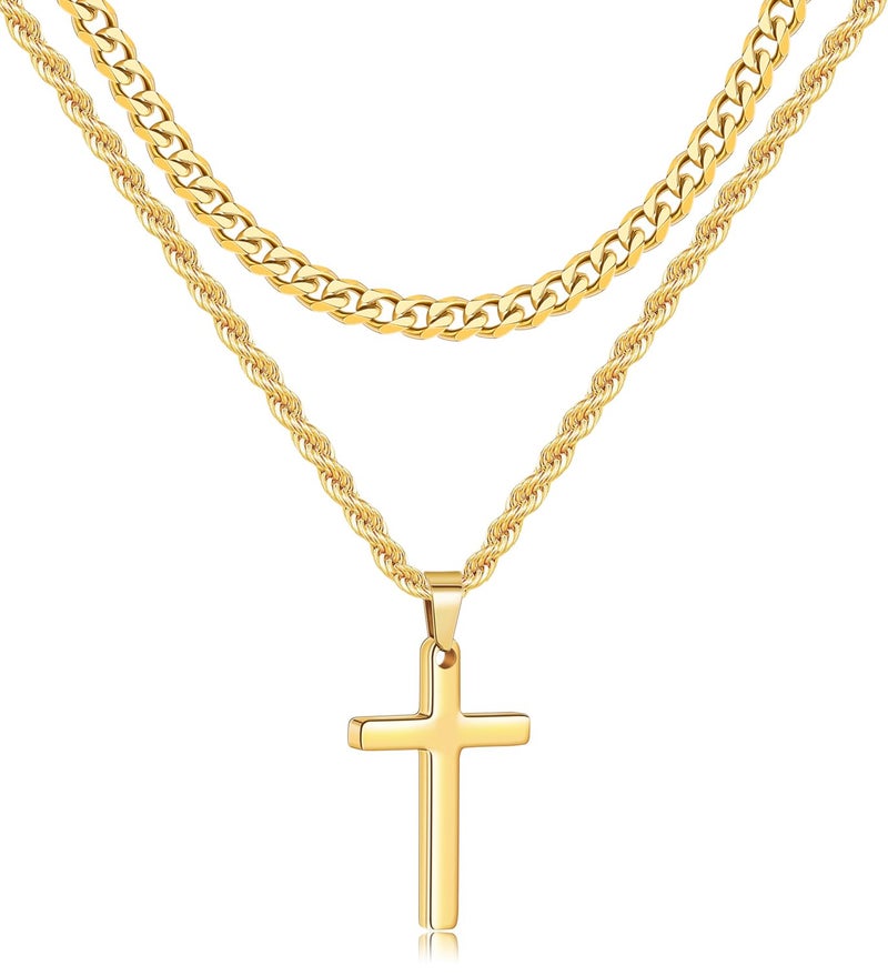Fiusem Cross Necklace for Men, 14K Gold Plated Mens Cross Necklaces Layered Cross Chain and Stainless Steel Cross Pendant Small, Cuban Link Rope Chain 18in/20in - Image 1