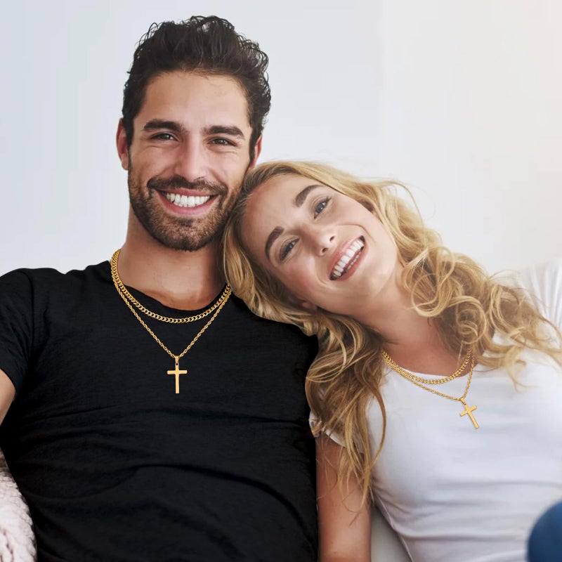Fiusem Cross Necklace for Men, 14K Gold Plated Mens Cross Necklaces Layered Cross Chain and Stainless Steel Cross Pendant Small, Cuban Link Rope Chain 18in/20in - Image 3