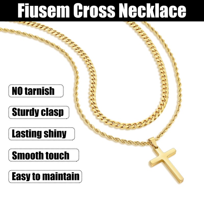 Fiusem Cross Necklace for Men, 14K Gold Plated Mens Cross Necklaces Layered Cross Chain and Stainless Steel Cross Pendant Small, Cuban Link Rope Chain 18in/20in - Image 5