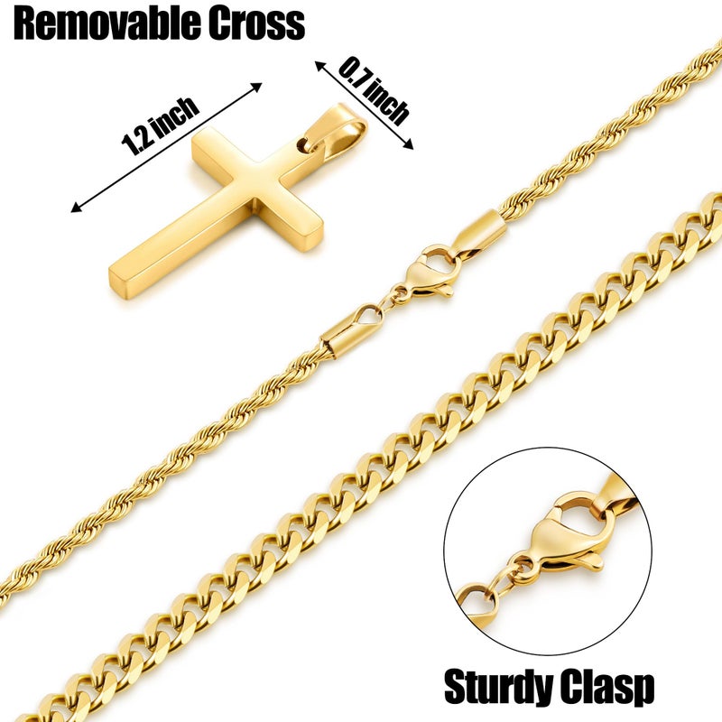 Fiusem Cross Necklace for Men, 14K Gold Plated Mens Cross Necklaces Layered Cross Chain and Stainless Steel Cross Pendant Small, Cuban Link Rope Chain 18in/20in - Image 4