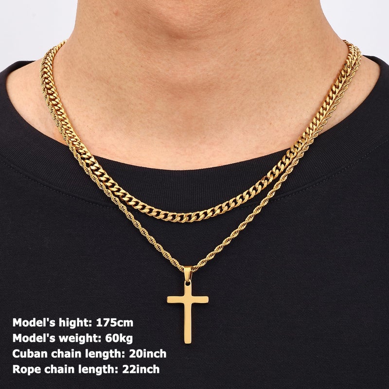 Fiusem Cross Necklace for Men, 14K Gold Plated Mens Cross Necklaces Layered Cross Chain and Stainless Steel Cross Pendant Small, Cuban Link Rope Chain 18in/20in - Image 2