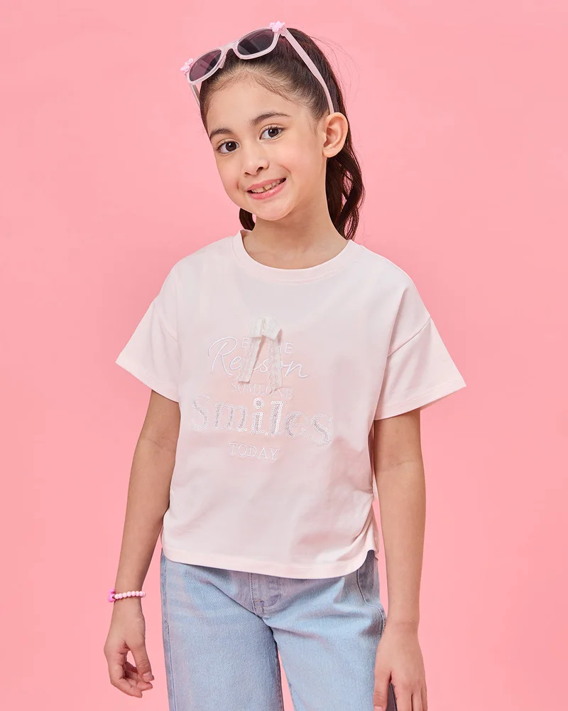 Redtag Girls Pink Sequins Embellished T-Shirt