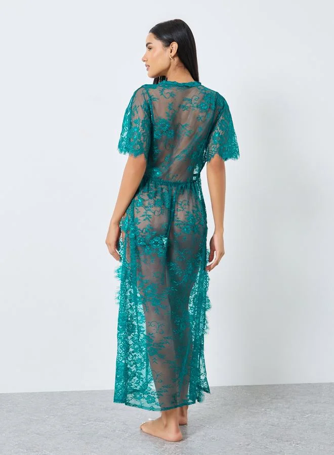 Styli Styli Floral Pattern Lace Maxi Slip Dress with Thigh High Slit and Brief