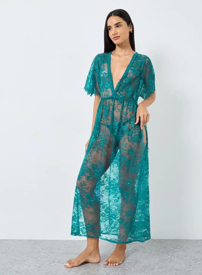 Styli Styli Floral Pattern Lace Maxi Slip Dress with Thigh High Slit and Brief